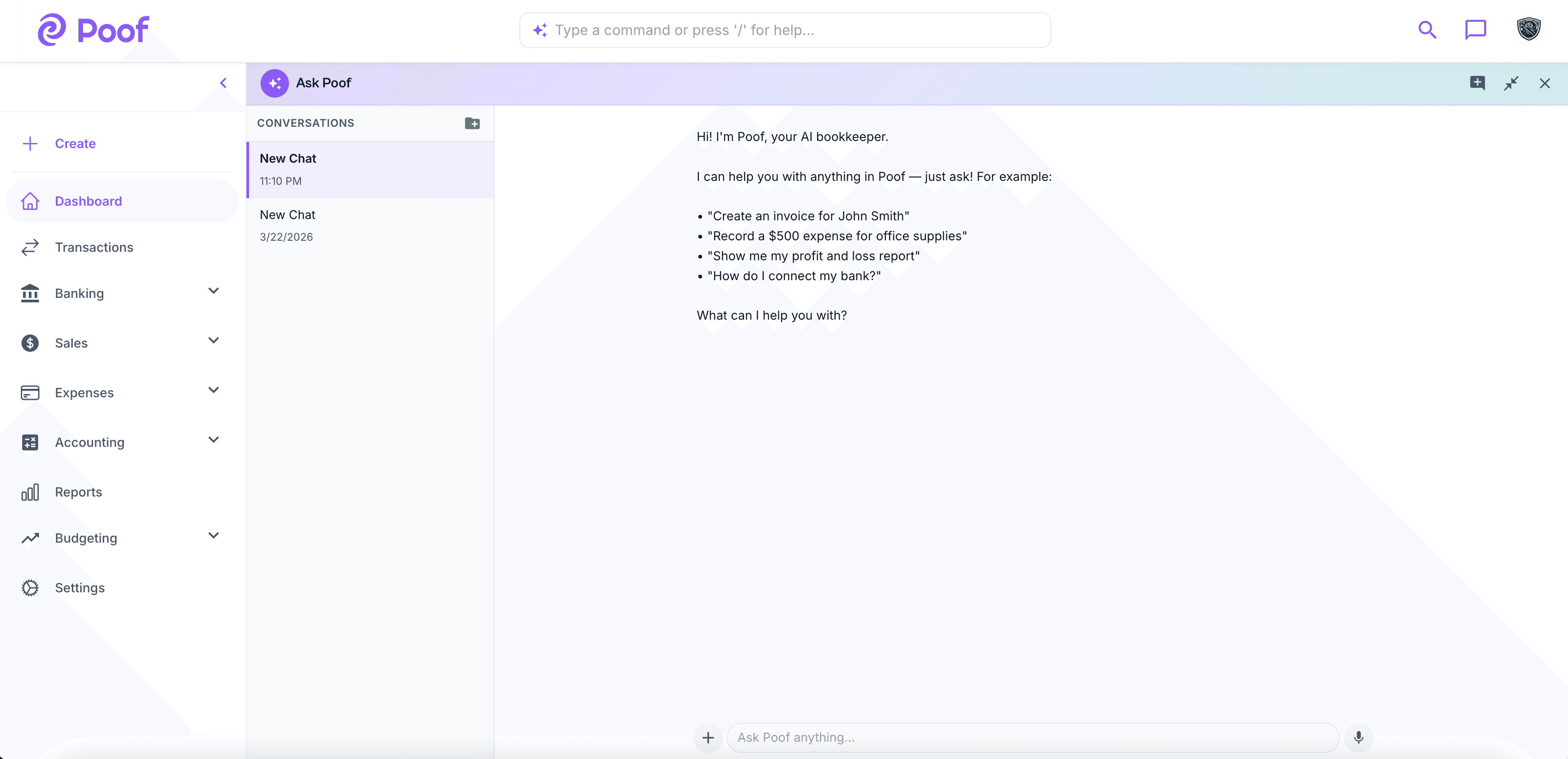 Poof AI assistant in full-screen mode