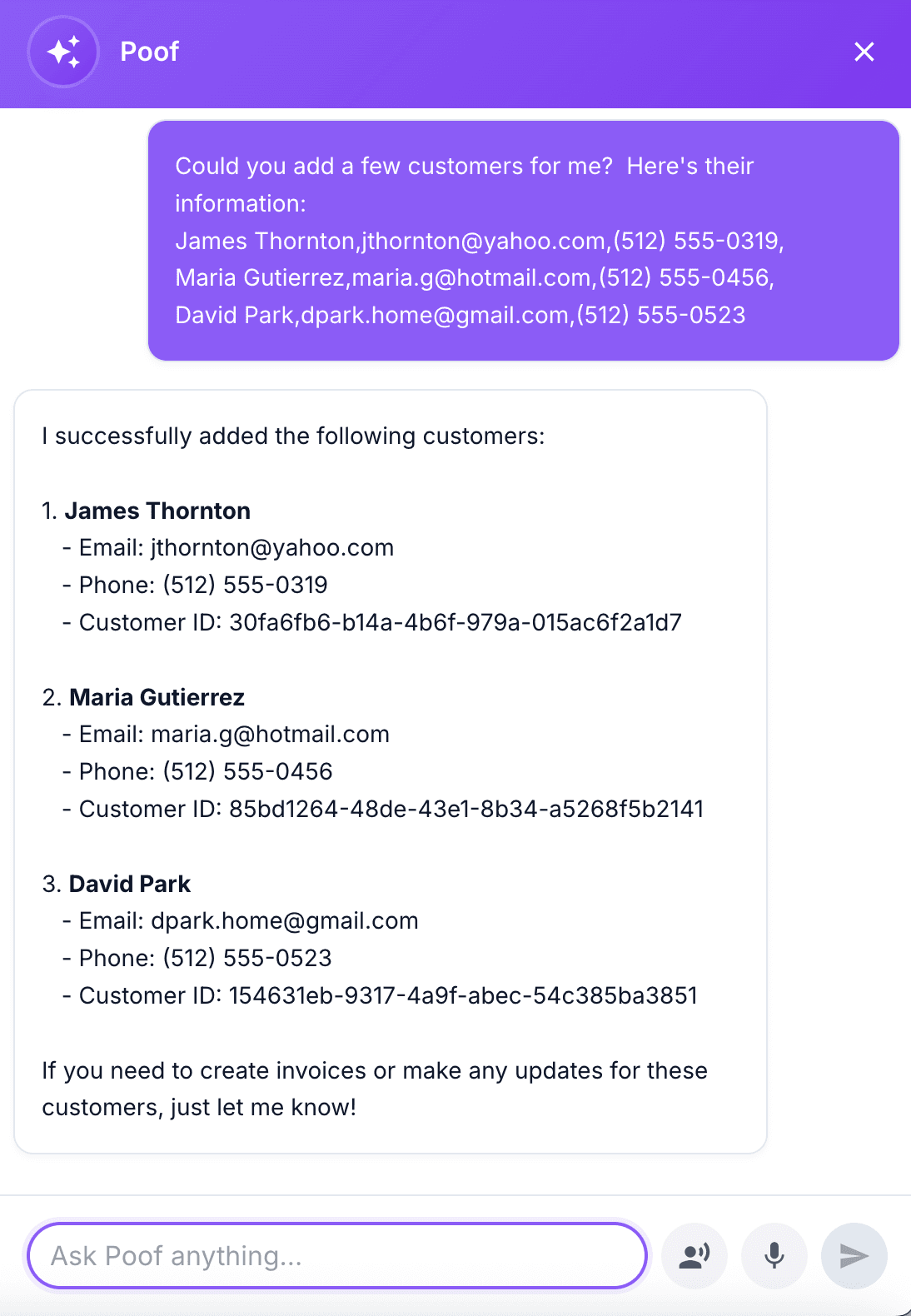 Poof AI creating a customer via conversation