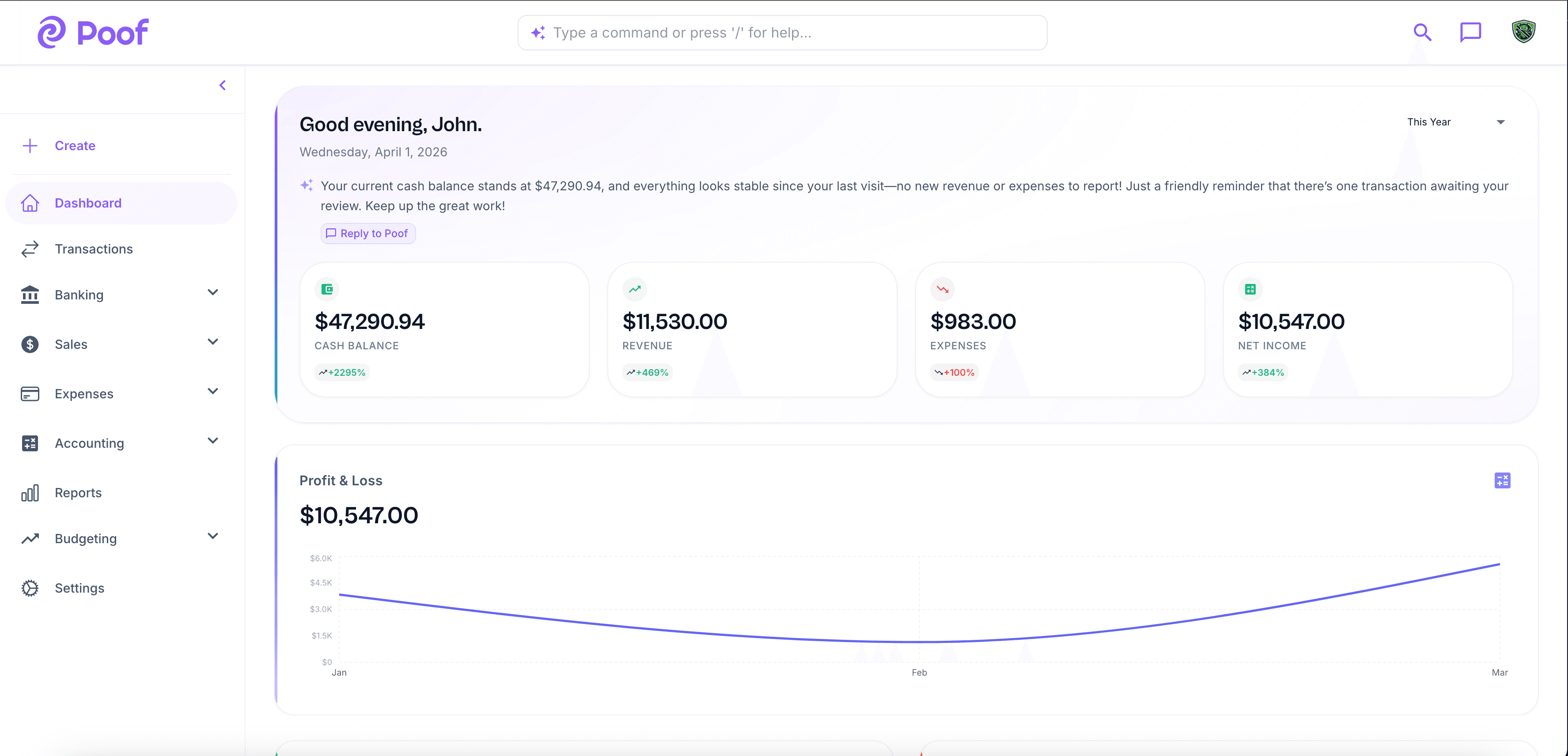 Poof Dashboard with AI daily briefing and KPIs