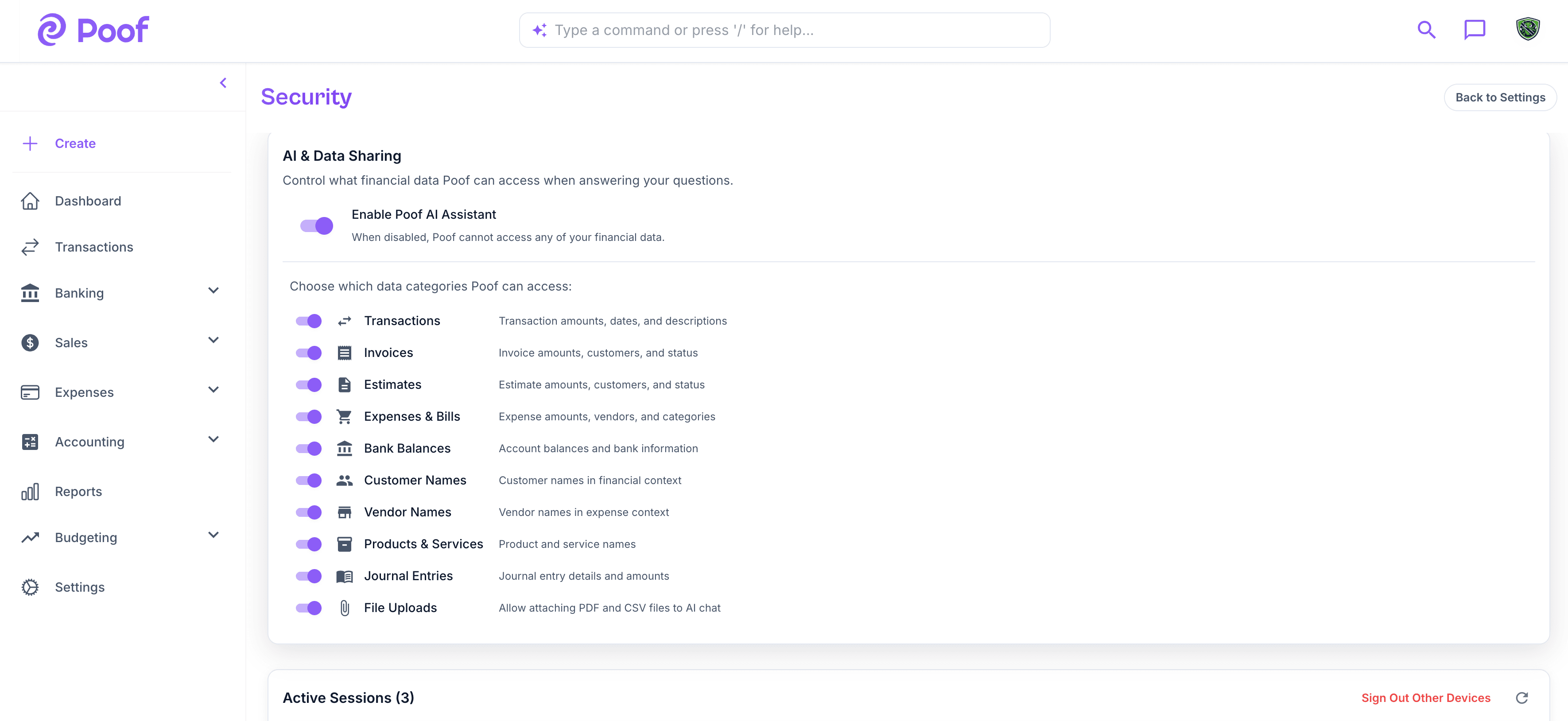 Security settings with two-factor authentication